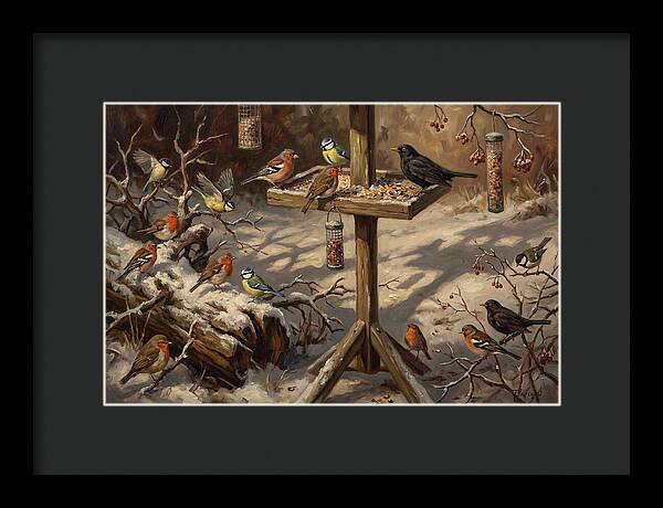Winter Birds Gathering Around Feeder