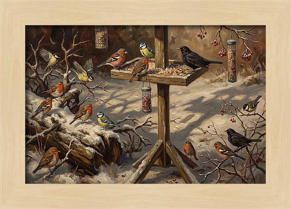 Winter Birds Gathering Around Feeder