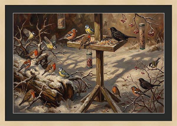 Winter Birds Gathering Around Feeder