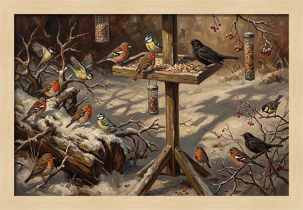 Winter Birds Gathering Around Feeder