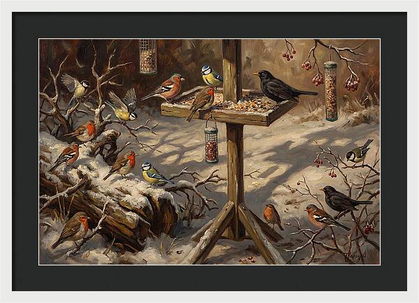 Winter Birds Gathering Around Feeder