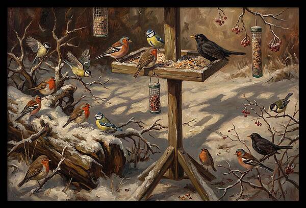 Winter Birds Gathering Around Feeder