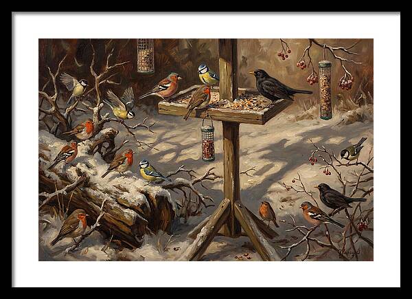 Winter Birds Gathering Around Feeder