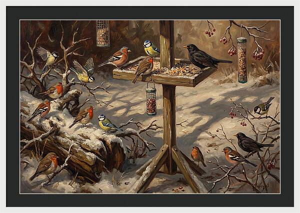 Winter Birds Gathering Around Feeder