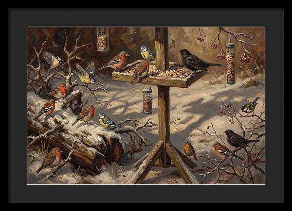 Winter Birds Gathering Around Feeder
