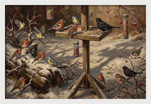 Winter Birds Gathering Around Feeder