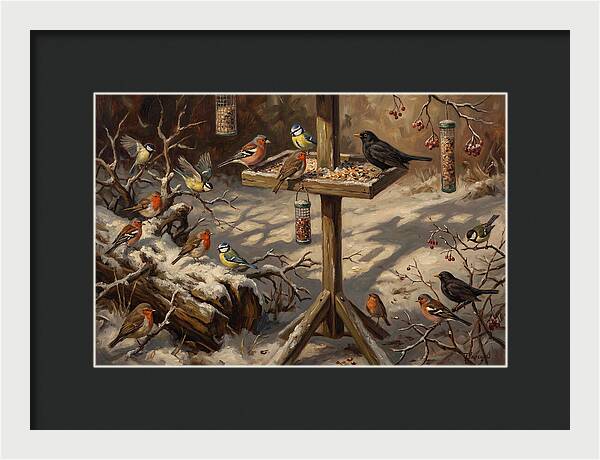 Winter Birds Gathering Around Feeder