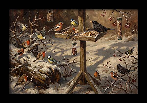 Winter Birds Gathering Around Feeder