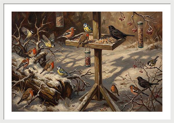 Winter Birds Gathering Around Feeder