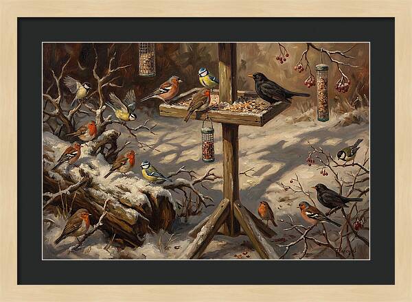 Winter Birds Gathering Around Feeder