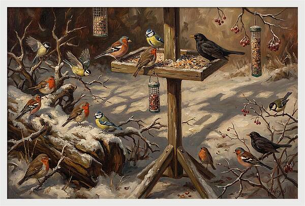 Winter Birds Gathering Around Feeder