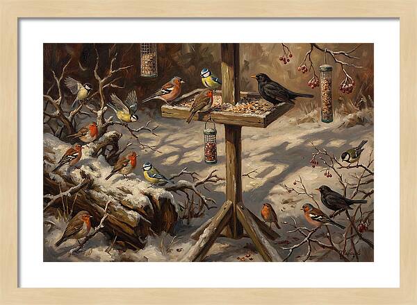 Winter Birds Gathering Around Feeder