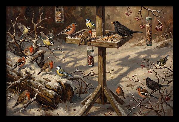 Winter Birds Gathering Around Feeder