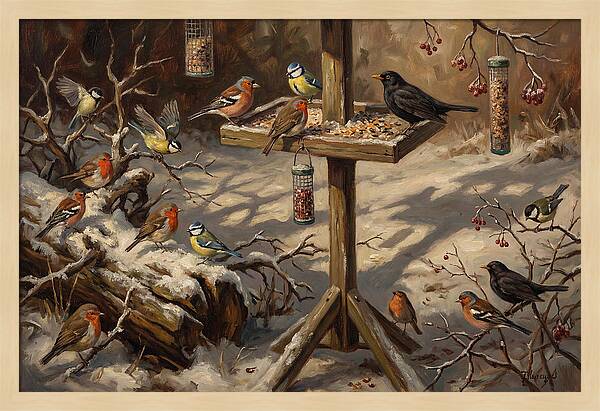 Winter Birds Gathering Around Feeder