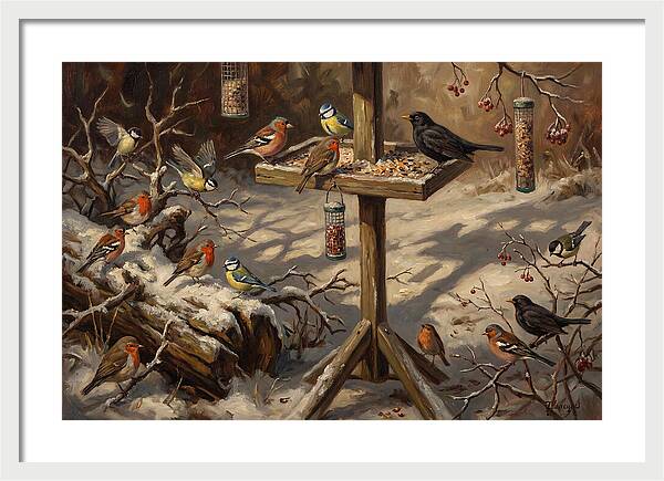 Winter Birds Gathering Around Feeder
