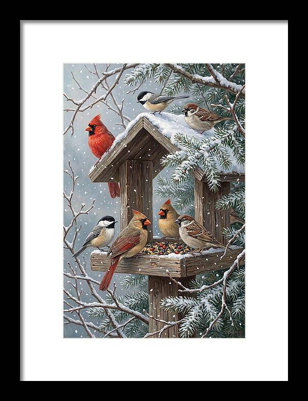 Winter Birds Gathering Around Feeder