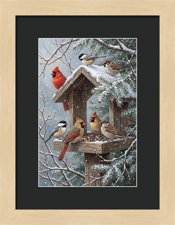 Winter Birds Gathering Around Feeder