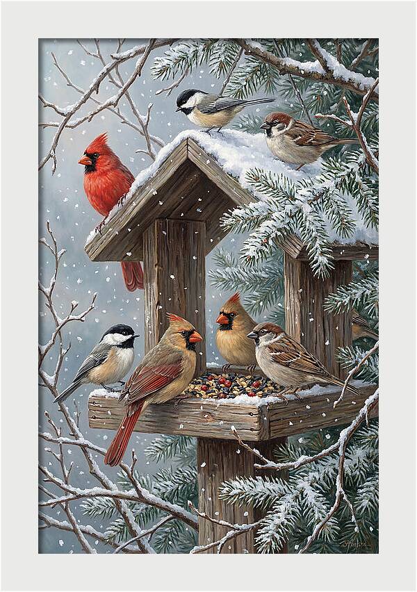 Winter Birds Gathering Around Feeder