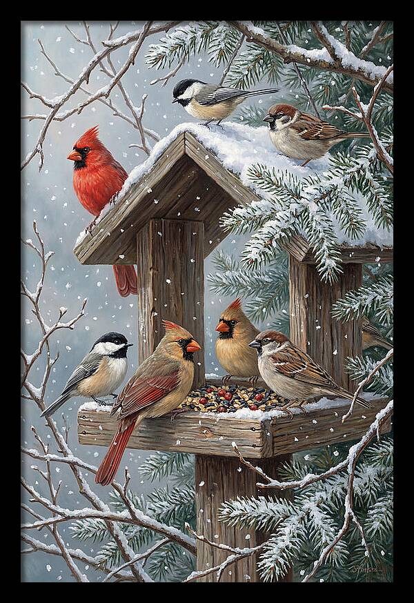 Winter Birds Gathering Around Feeder