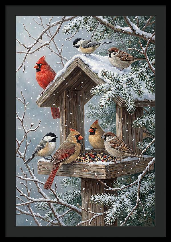 Winter Birds Gathering Around Feeder