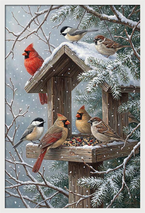 Winter Birds Gathering Around Feeder