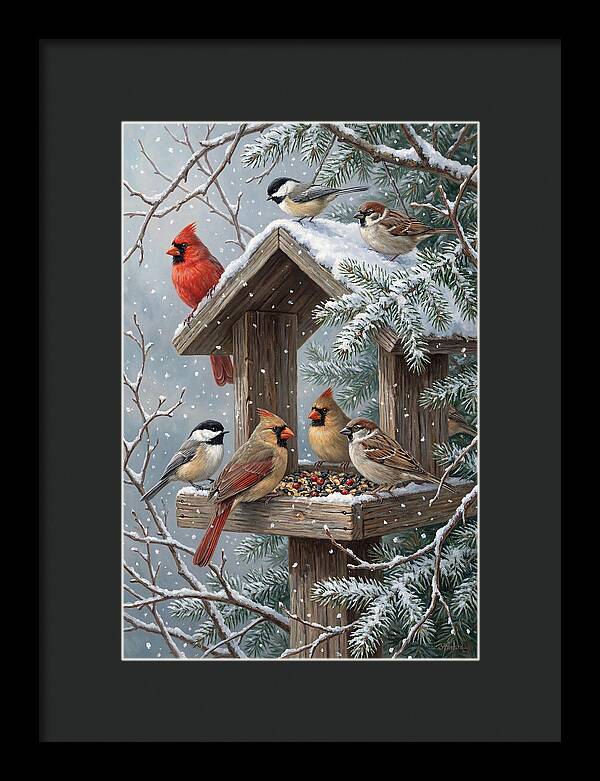 Winter Birds Gathering Around Feeder