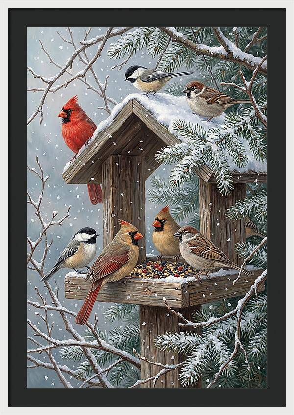 Winter Birds Gathering Around Feeder