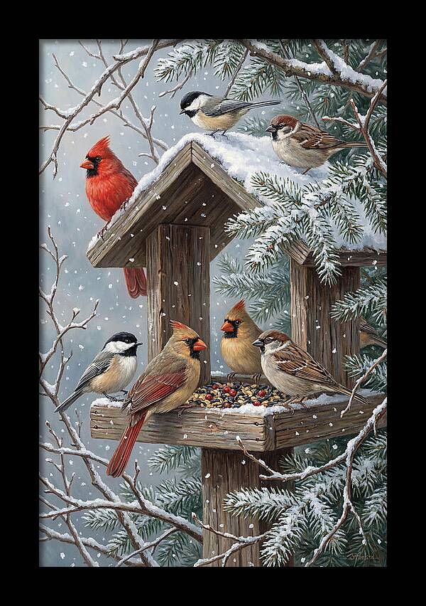 Winter Birds Gathering Around Feeder