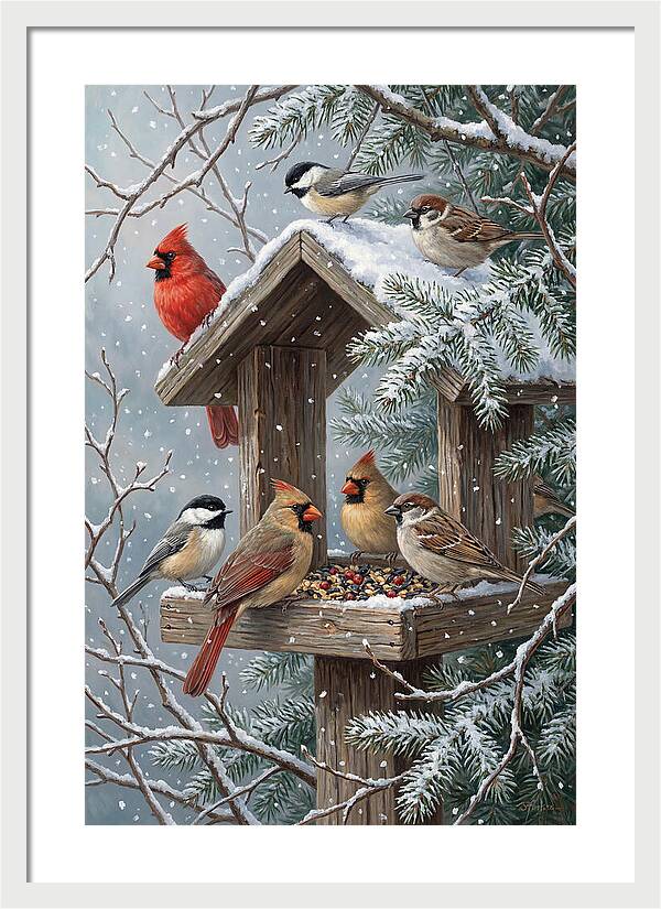 Winter Birds Gathering Around Feeder