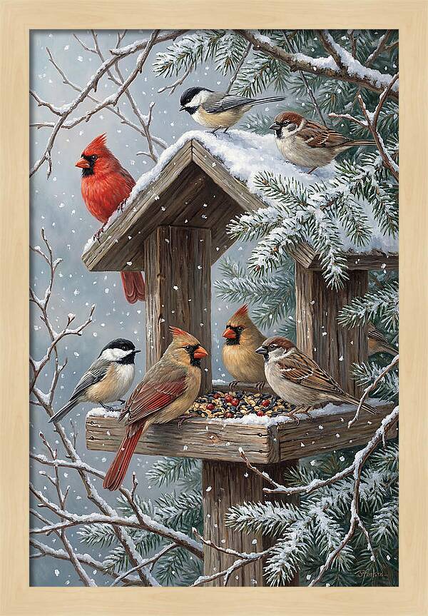 Winter Birds Gathering Around Feeder