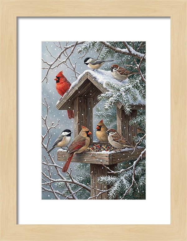 Winter Birds Gathering Around Feeder