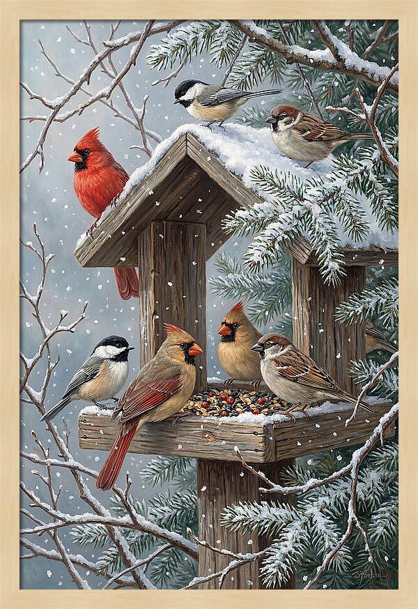 Winter Birds Gathering Around Feeder