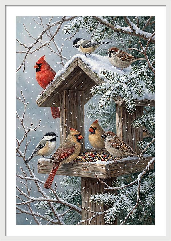 Winter Birds Gathering Around Feeder