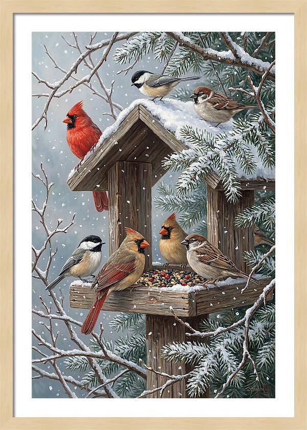Winter Birds Gathering Around Feeder