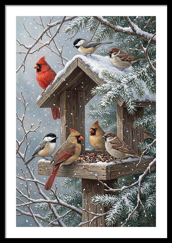 Winter Birds Gathering Around Feeder