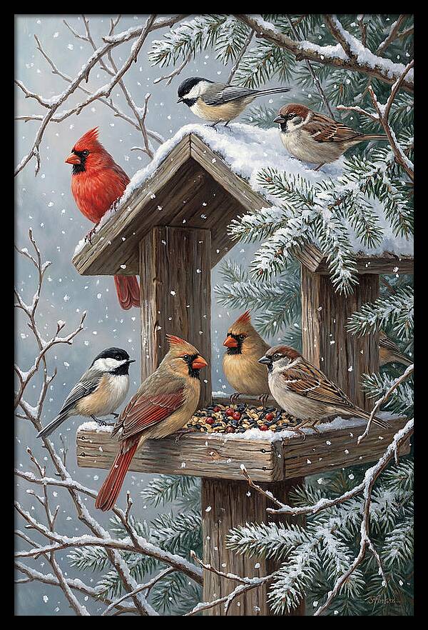 Winter Birds Gathering Around Feeder