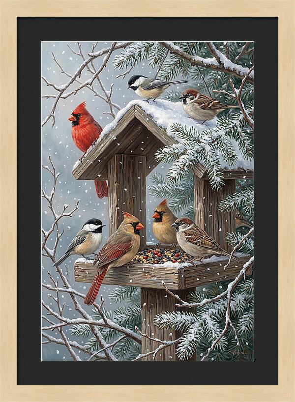 Winter Birds Gathering Around Feeder