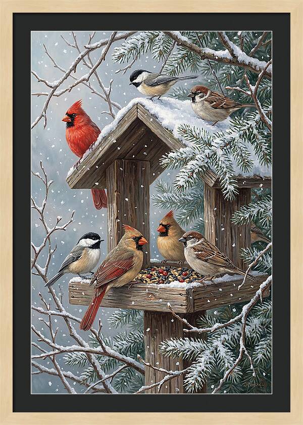Winter Birds Gathering Around Feeder