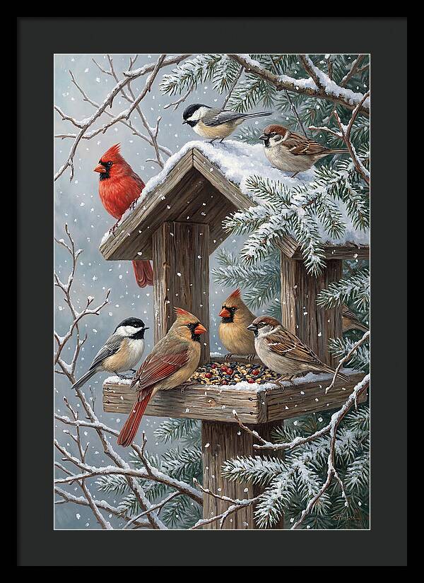 Winter Birds Gathering Around Feeder