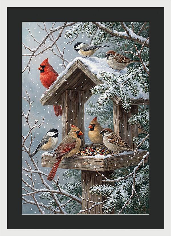 Winter Birds Gathering Around Feeder