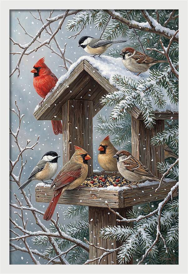 Winter Birds Gathering Around Feeder
