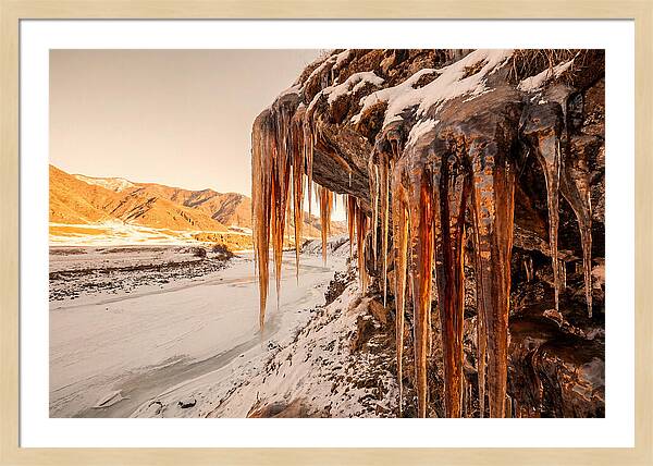 Winter Icicles Hanging From Rock