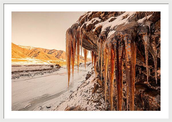 Winter Icicles Hanging From Rock