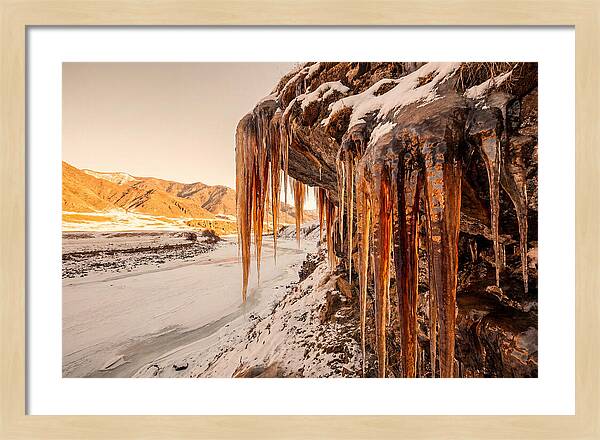 Winter Icicles Hanging From Rock