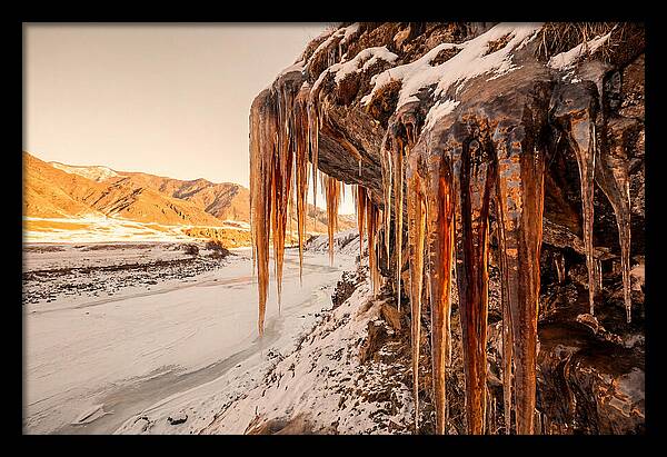 Winter Icicles Hanging From Rock