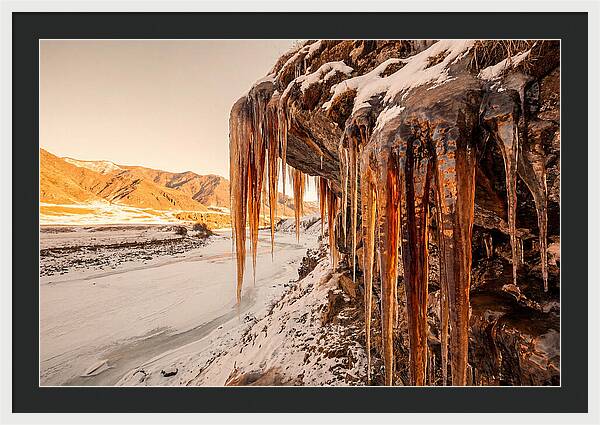 Winter Icicles Hanging From Rock