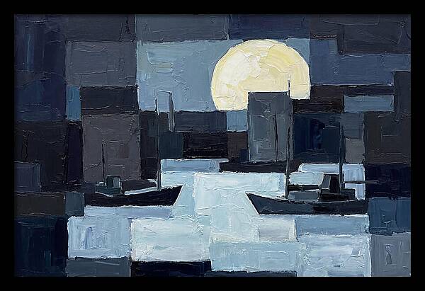 Winter Moon Over Frozen Harbor