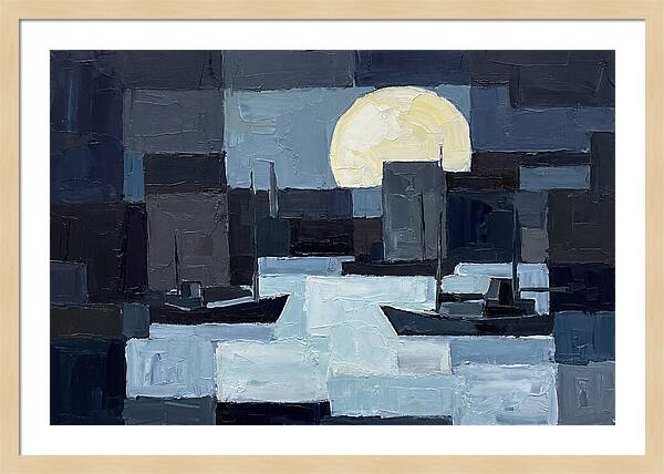 Winter Moon Over Frozen Harbor