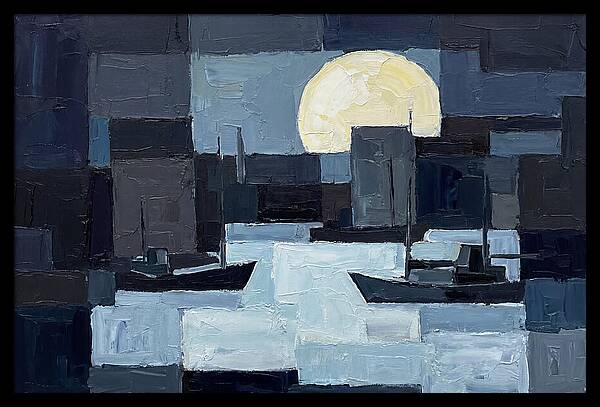 Winter Moon Over Frozen Harbor