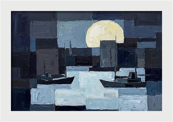 Winter Moon Over Frozen Harbor